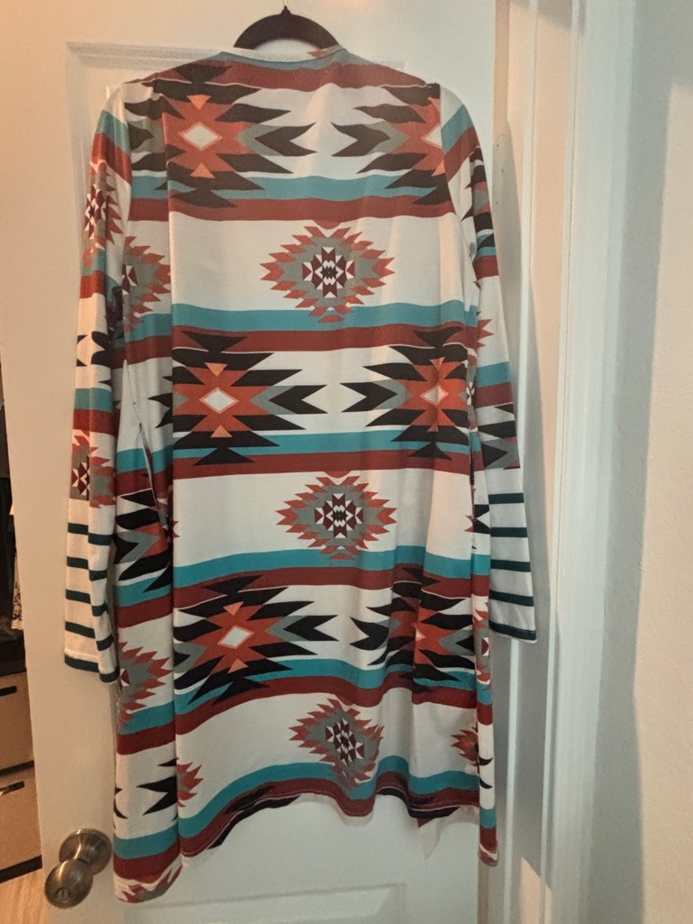Southwestern Print Open Cardigan — Teal, Rust, Cream, Black